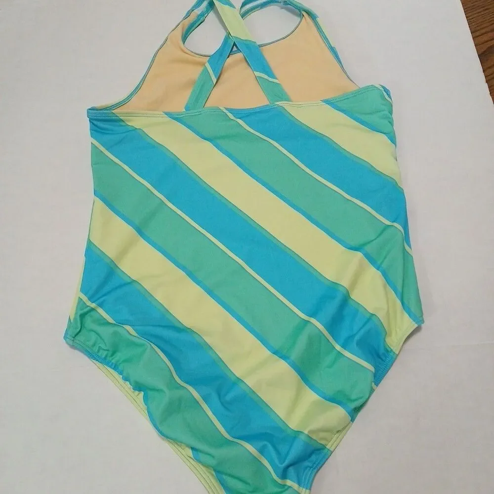 Lands End Girls Xlg (14-16) Chlorine Resistant 1 Pc Strped Swimsuit Multicolor